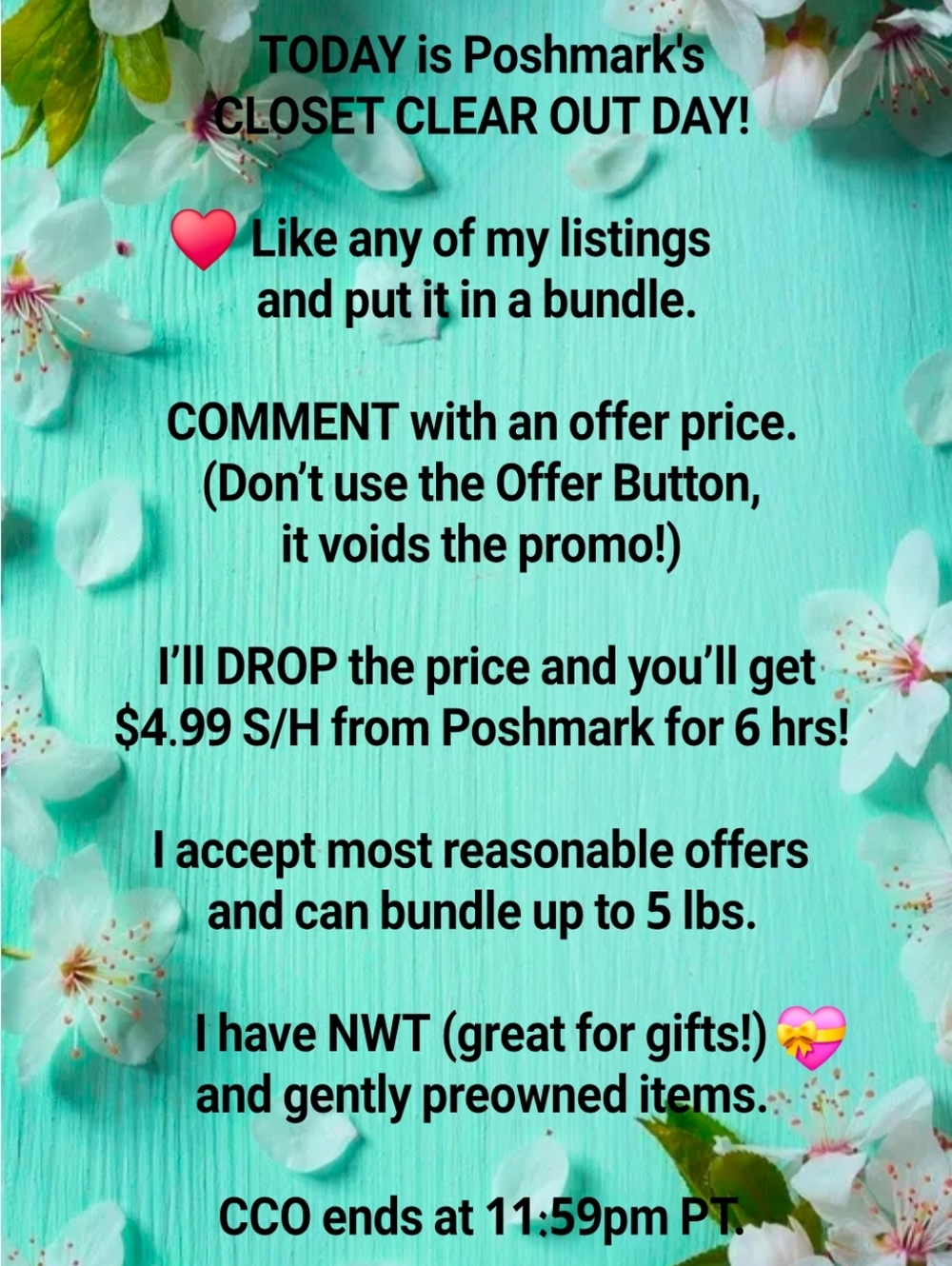 Msg TODAY for ⬇️ PRICES & SH Save $s + Get $4.99 SH on Closet Clear Out Days